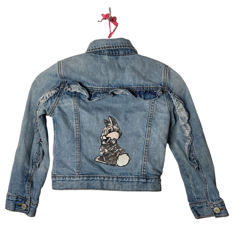 Disney Gapkids Denim Jacket Toddler Small Thumper Rabbit Bambi Sequin Ruffle - Picture 6 of 10